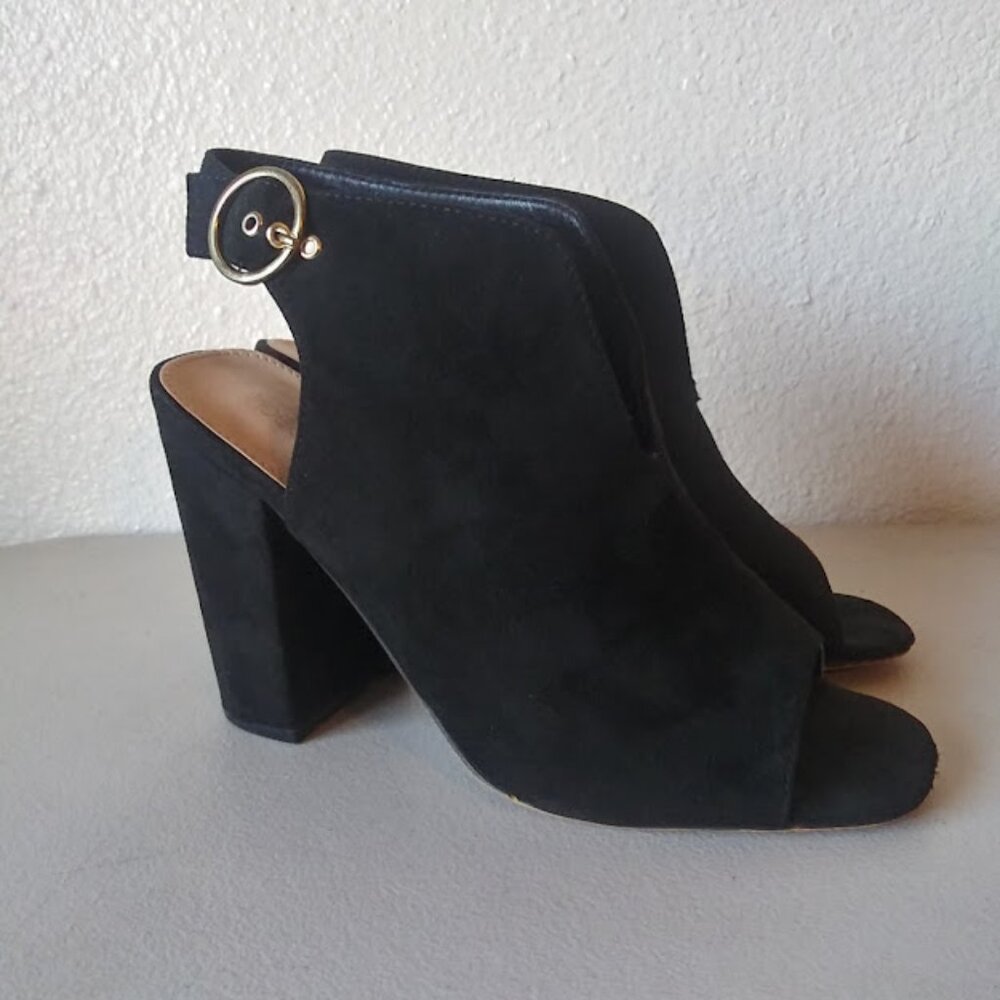 Shoe Dazzle Lucinda women's size 9.5 Black faux suede, open toe high heel shoes